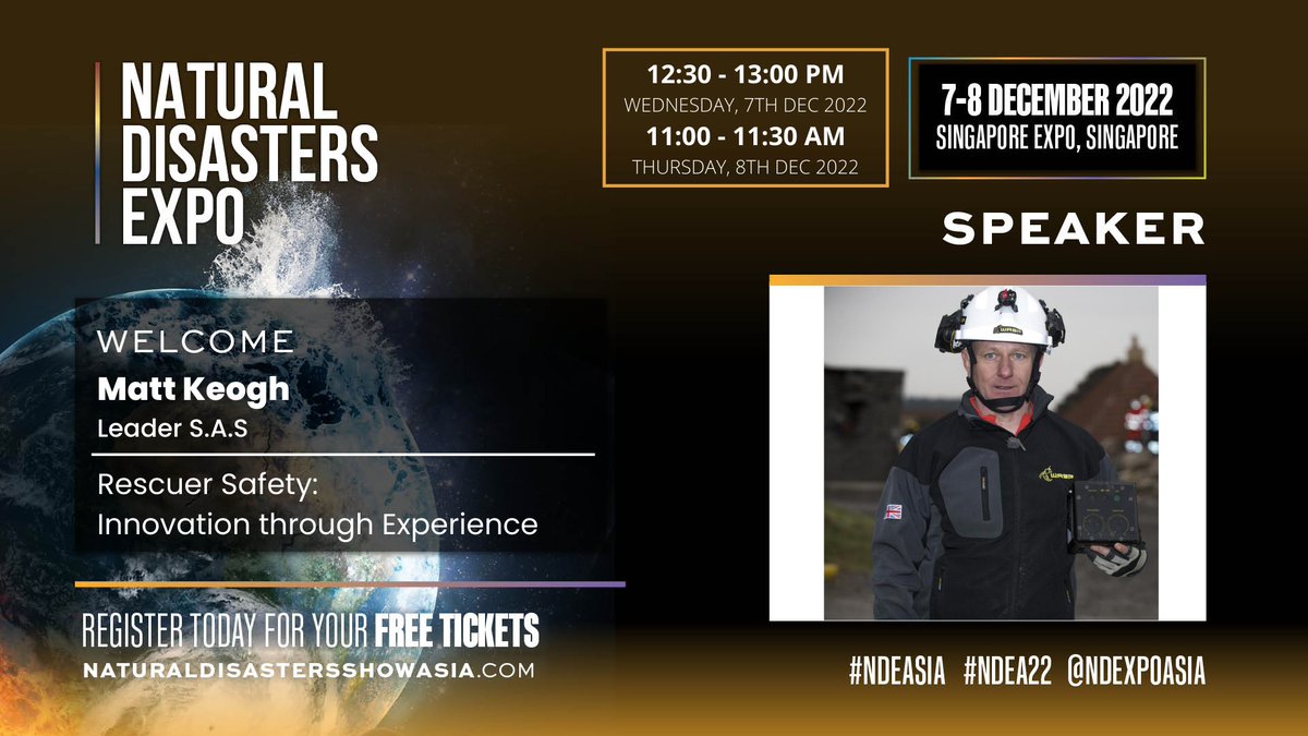 DisasterXAsia's tweet photo. SPEAKER ALERT🚨

Matt Keogh from Leader S.A.S will be sharing his experience on how innovation can improve the safety of the rescuers.

Head over to...
- Day 1, Seminar Theatre 4, 1230 - 1300
- Day 2, Seminar Theatre 3, 1100 - 1130

#NDEAsia #NDEA22 #singapore https://t.co/Jn8f7q7SpV