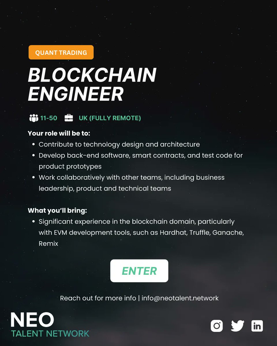 neoweb3co's tweet photo. Looking for a #blocokchainengineer for a #quanttrading company in the UK 🇬🇧 

Reach out for more information 📬

#web3jobboard #web3job #hiring

Email | info@neotalent.network
Find us on Instagram, Twitter &amp; LinkedIn  

#blockchain #blockchaindev #soliditydev #solidity https://t.co/GUUPruSSbu