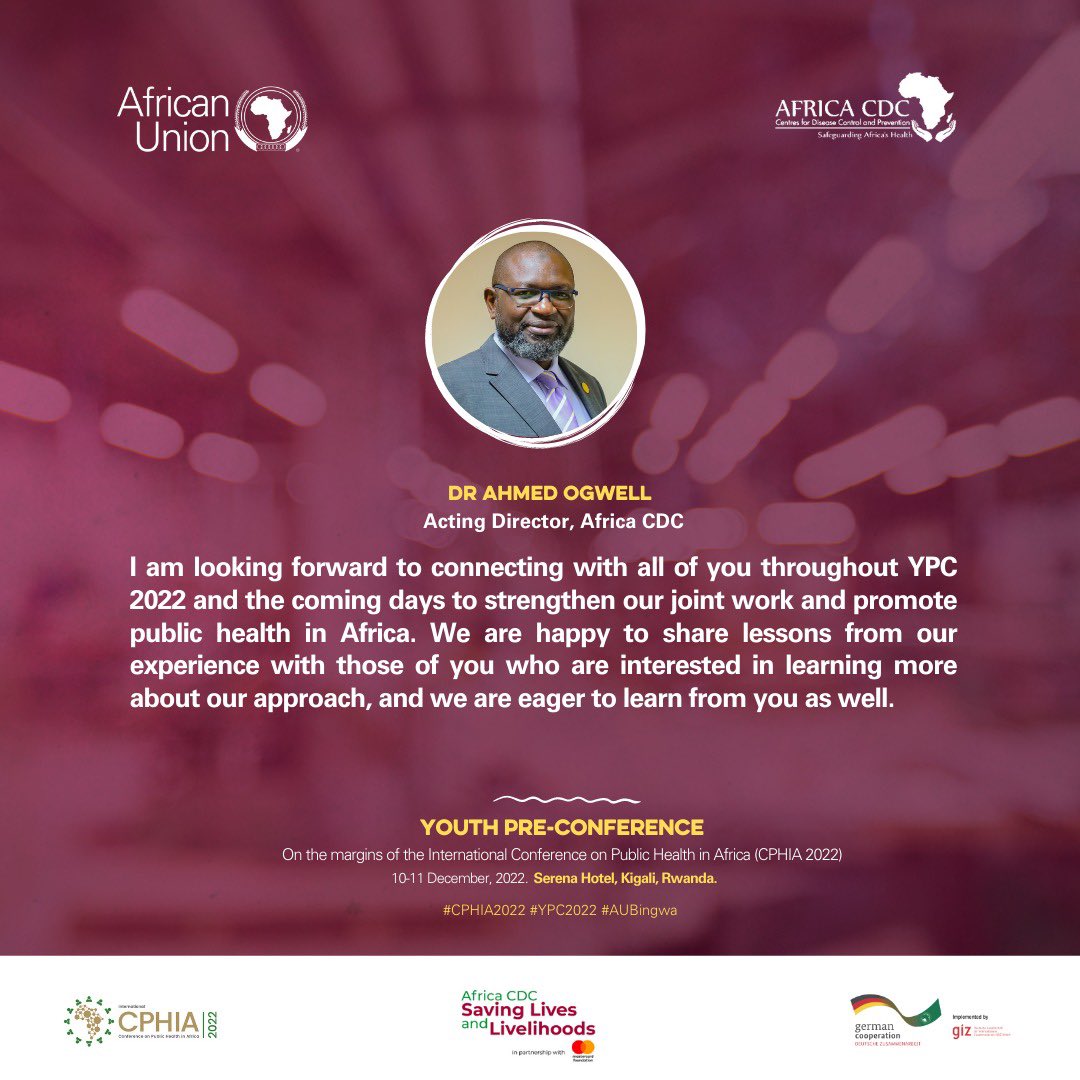 laktarr001's tweet photo. I welcome all of you African youth to the @AfricaCDC Youth Pre-Conference in Kigali. Come be part of Africa’s renaissance. @CPHIA_AfricaCDC @_AfricanUnion 
#NewPublicHealthOrder 
#Agenda2063 
#cphia2022 
#YPC2022 
#AUBingwa https://t.co/M56bhGJEHO