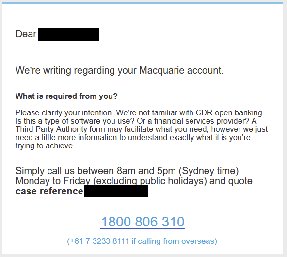 wigsgiw's tweet photo. @Macquarie how can it be December 2022, 17 months since open banking launched in Australia, and your customers are *still* getting messages like this from your team? https://t.co/nuyoSpK1MF