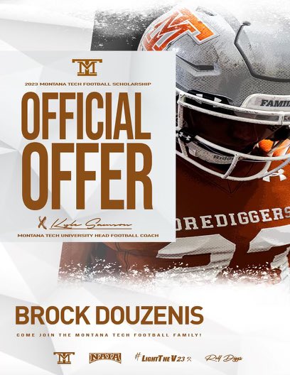 BrockDouzenis's tweet photo. Blessed to have received an offer to continue my athletic and academic career @MonTechFootball! Thank you @KodyTorgerson for the call and the rest of the staff for making this possible! 
#LightTheV23⚒️
@CoachPerrone 
@CoachPatSweeney https://t.co/nrnDoorJqe