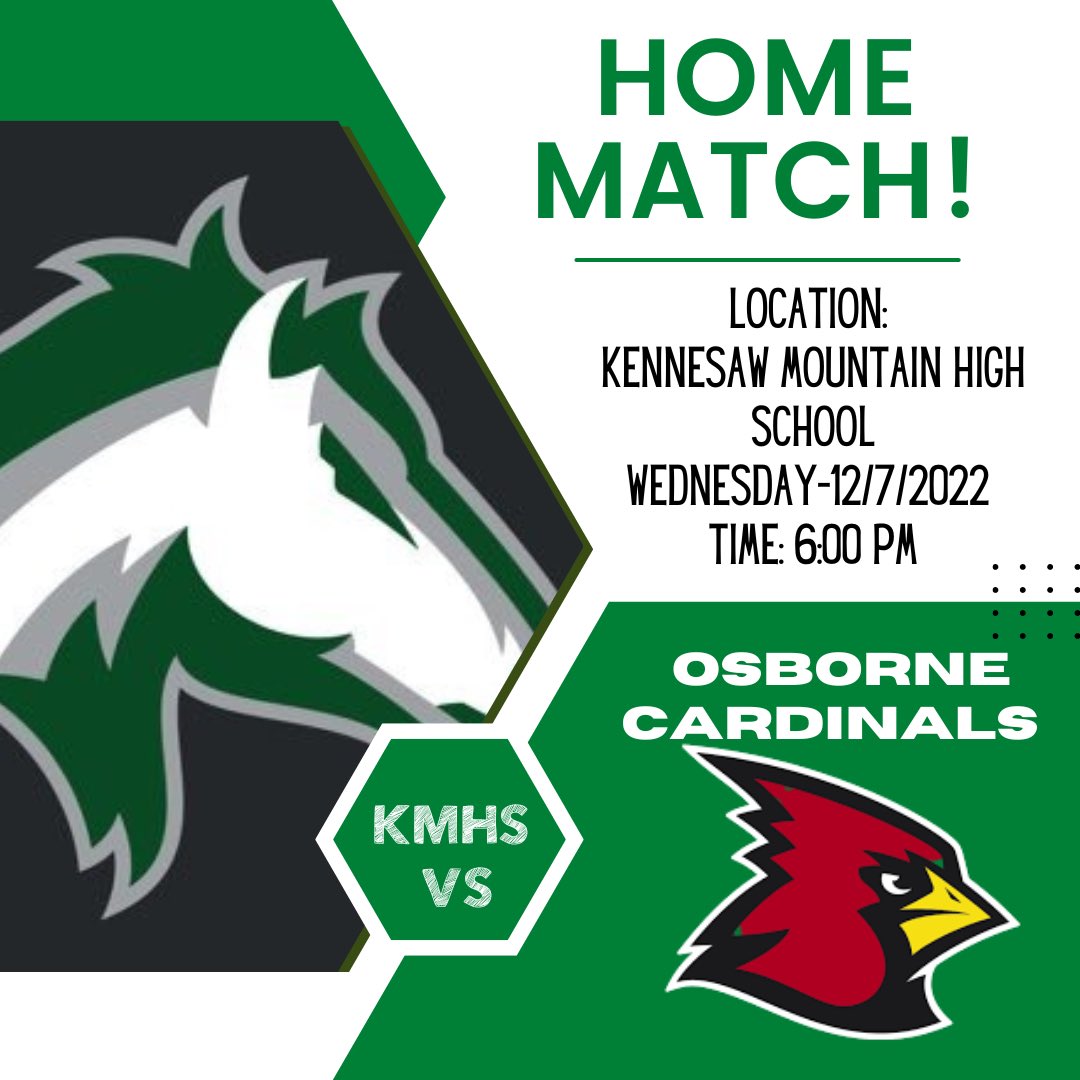 HOME MATCH DAY! Come and support your Mustangs from the mountain!! 
Who: Osborne High  
When: December 7th — 6:00 pm #knhswrestles <a href="/KMHSathletics/">Kennesaw Mtn.</a>  <a href="/kmhs_ptsa/">KMHS PTSA</a>