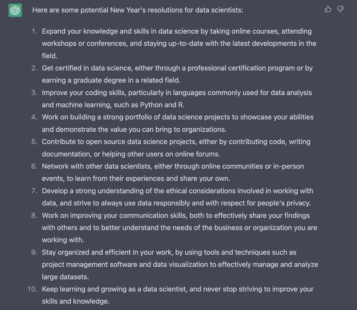 BiasedOutliers's tweet image. New Year's Resolution for Data Scientists bought to you by #ChatGPT. How many have you accomplished?

#datascience #machinelearning #newyearsresolution #community