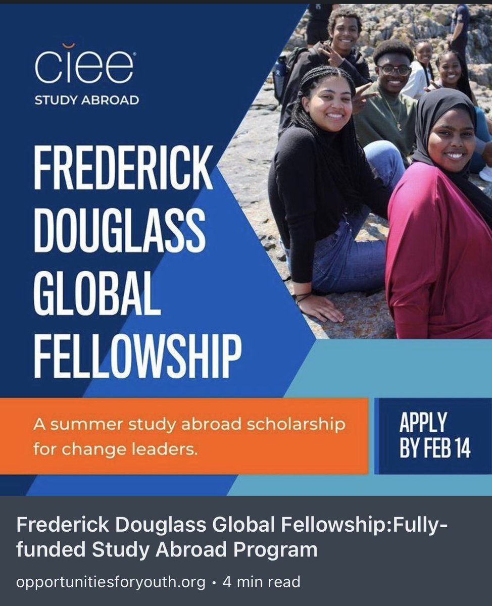 opportunitiesfy's tweet photo. 📢 Applications are now open for the 2023 Frederick Douglass Global Fellowship!
Click here to learn more: https://t.co/BH0SKQhHo1
#cieestudyabroad #studyabroad #frederickdouglass #fellowship #education #changemakers #socialjustice #studentsofcolor #blackexcellence https://t.co/p5Jmr2lu0f