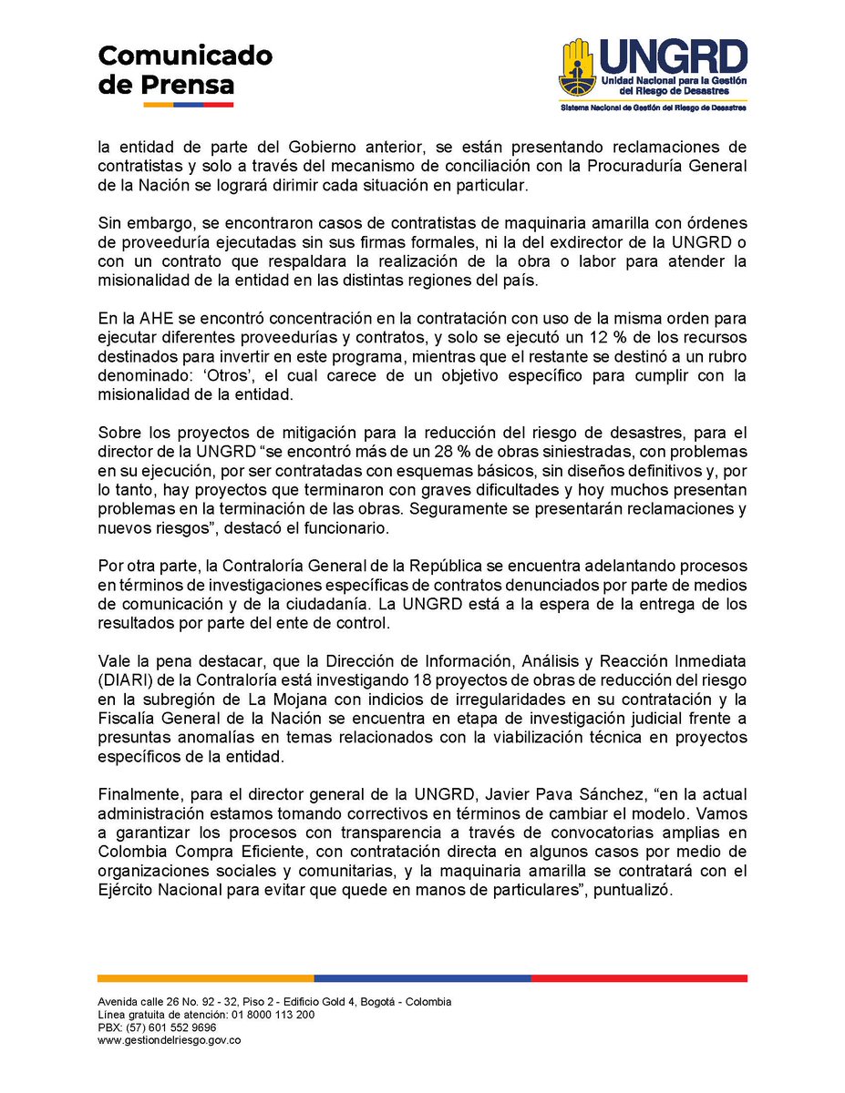 UNGRD's tweet photo. #ComunicadoDePrensa | La Unidad Nacional para la Gestión del Riesgo de Desastres (@UNGRD) presenta balance de presuntas irregularidades en la entidad: https://t.co/g1yKng0LjD