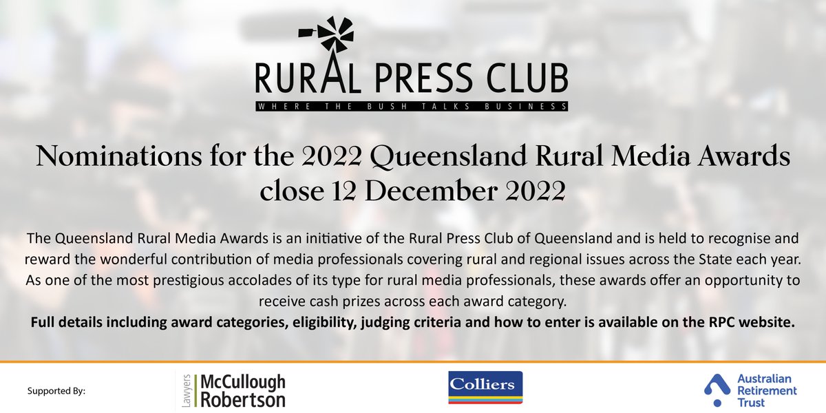 Less than week to go before nominations for the 2022 Queensland Rural Media Awards close on 12 December. 

Click on the link below for more information on how to apply: 

ruralpressclub.com.au/content/awards