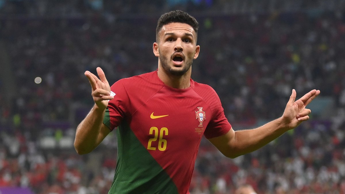 Obwoge_Junior's tweet photo. Benfica's Portuguese forward Gonçalo Matias Ramos becomes the first player to score a hat-trick in the 2022 world cup.

Bruno Dalot Leao #quaters Cancelo Morocco Bounou Ten Hag Enrique Safaricom #worldcup2022 https://t.co/kuSWYtPtI3