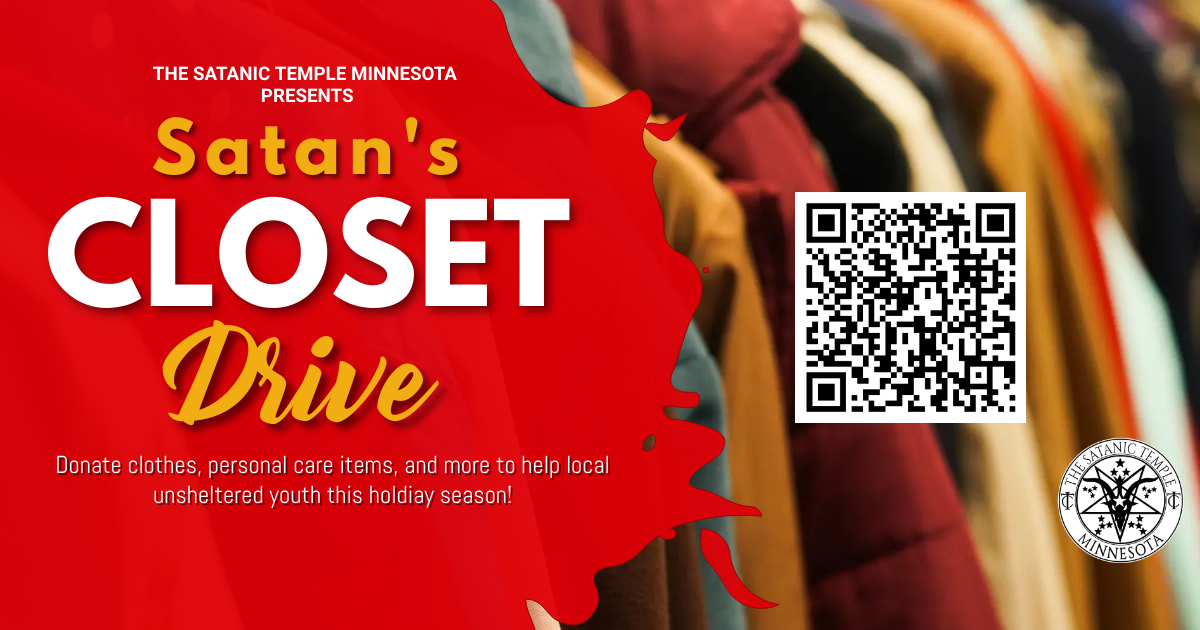 tstminnesota's tweet photo. Introducing Satan's Closet! Donate personal care items and clothing to help support local unsheltered youth!
 
Event will run through December and may be extended to January! Scan the QR code or use the link to donate through our wish list!
 
https://t.co/D90Qfr1FtB https://t.co/4knLu8YndO
