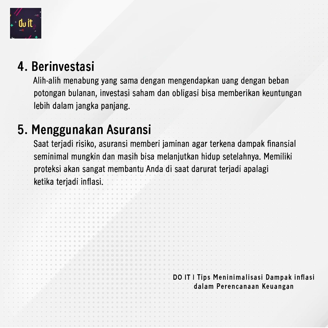 Inflasi menyebabkan harga barang konsumsi dan jasa meningkat sehingga anggaran pengeluaran pun akan naik. Tanpa memperhitungkan inflasi, maka perencanaan keuangan keluarga bisa tidak mencapai tujuan yang telah ditetapkan.

Selengkapnya klik link! bit.ly/3h4f15p