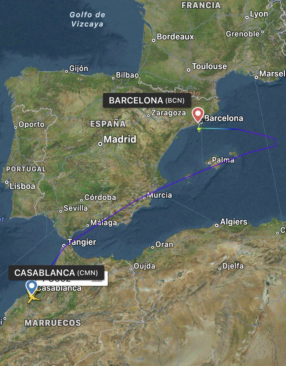 ⚠️ Desviado a Barcelona un Airbus A321Neo de la aerolínea turca Pegasus que cubría la ruta Casablanca-Estambul.