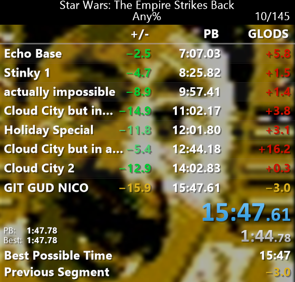 Broke a new minute barrier and got another new WR in this stinky game. Still got some optimizing to do but <a href="/NicoScarface/">Nico</a> and EvryTimeWeSlay and I are making good progress with it. The things I could control were pretty clean ooo