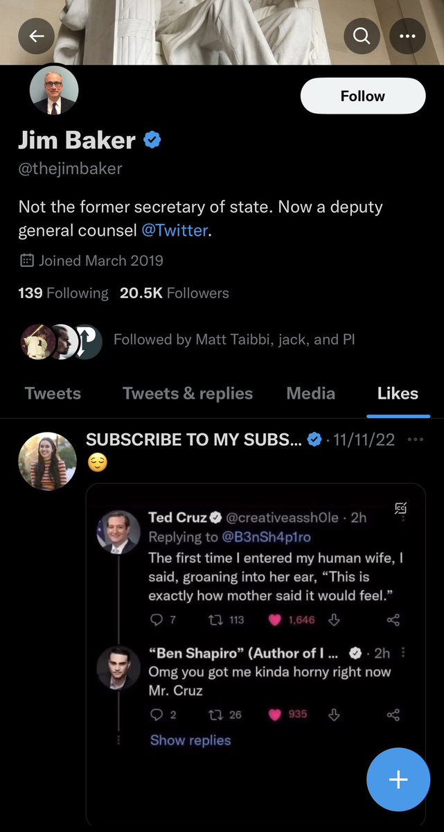 Of course former deputy counsel for twitter <a href="/thejimbaker/">Jim Baker</a>’s most recent like is a taylor lorenz tweet.