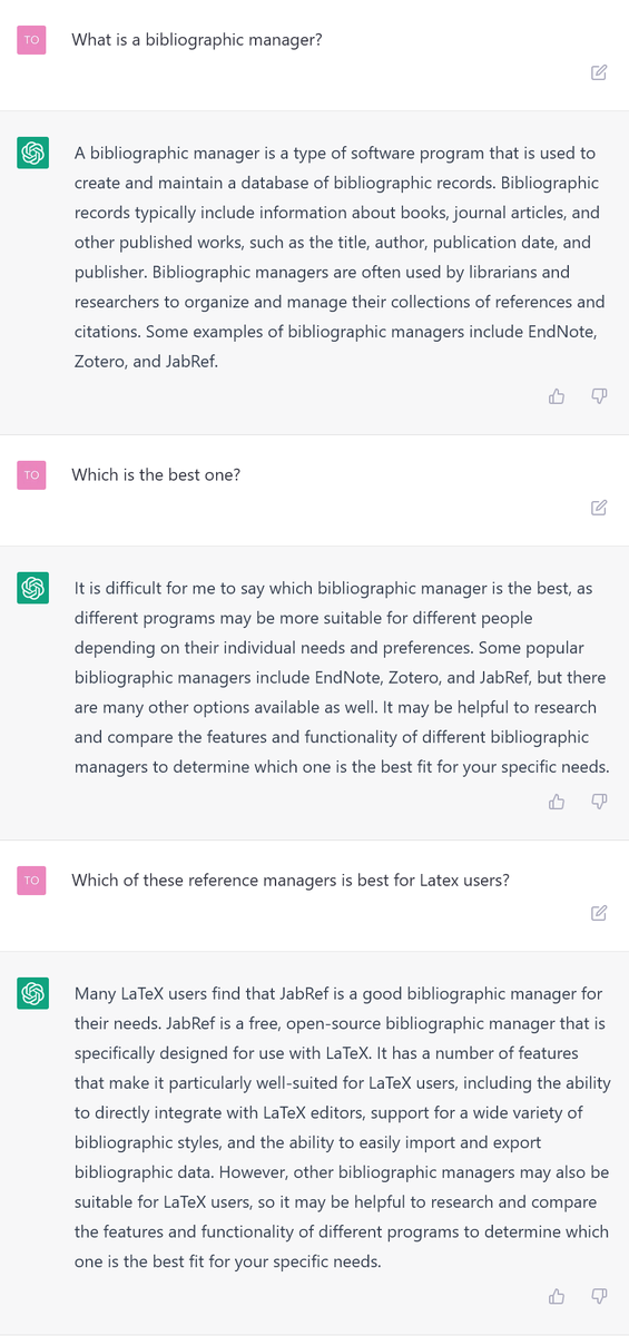 We asked #ChatGPT, an experimental AI chatbot/virtual assistant, what reference manager it would recommend. Here is its answer: