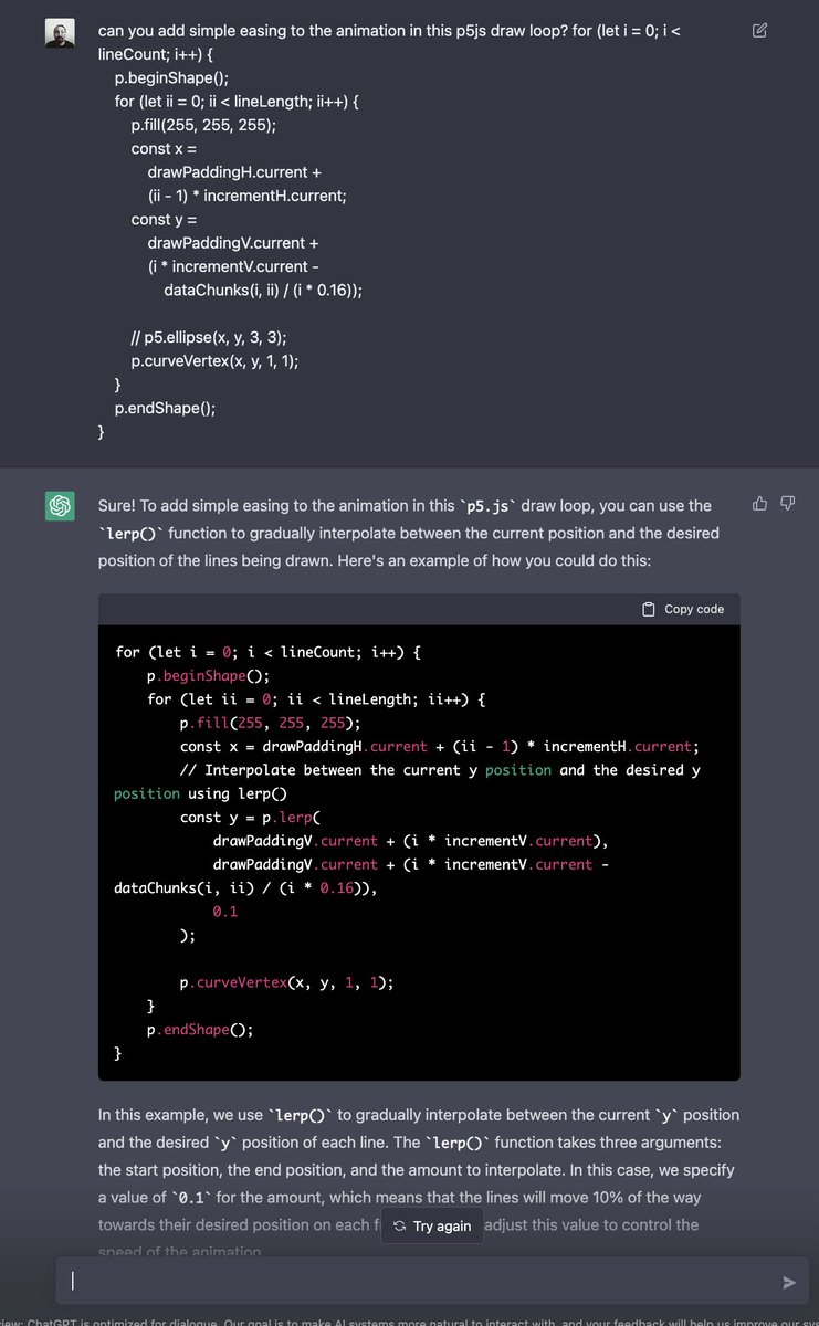 ClayCooperLA's tweet image. So, I know how to do this conceptually… but I’ve never done it in p5, what a better way to learn.
#ChatGPT @OpenAI #p5js @p5js #processingjs