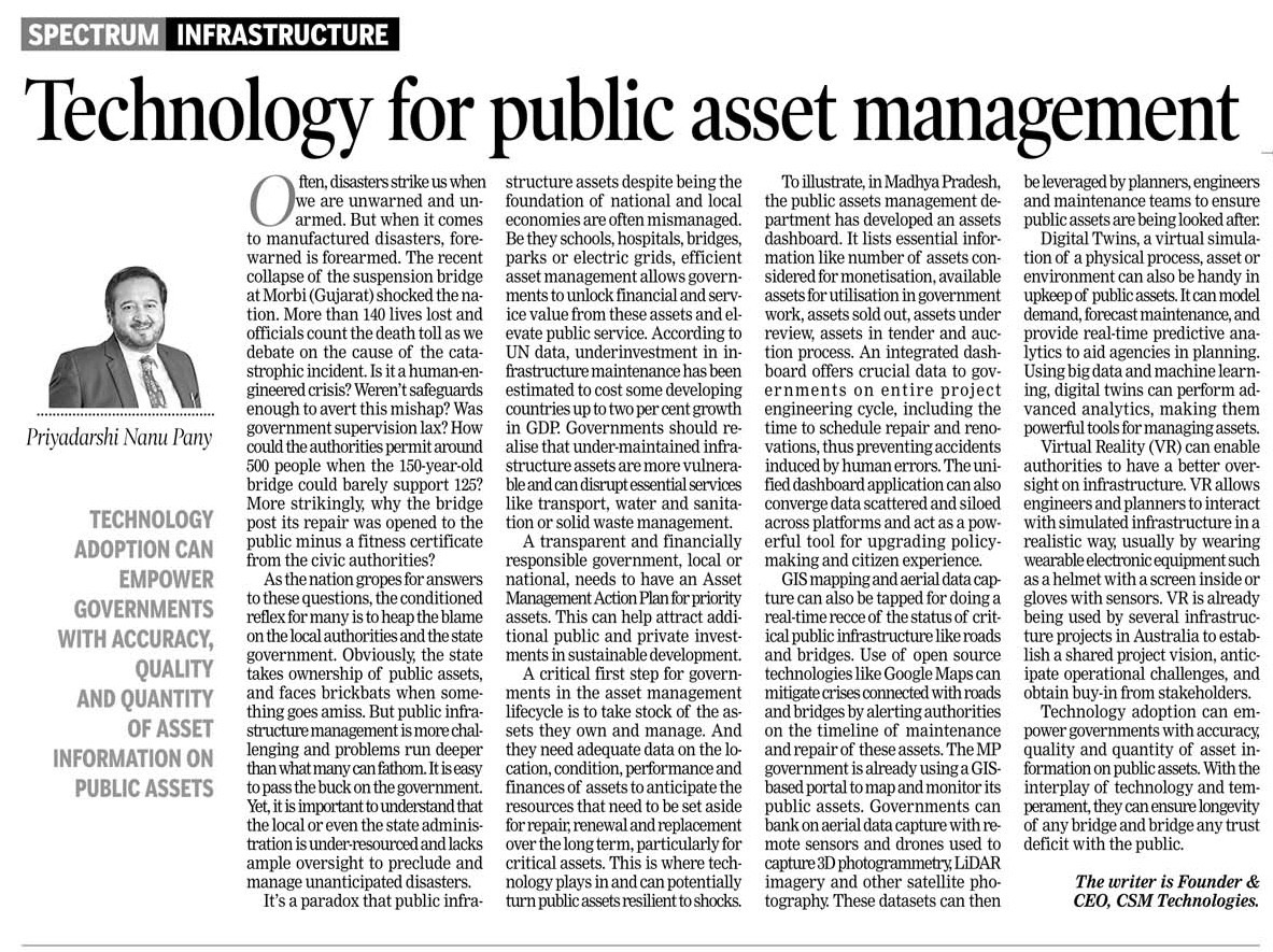 NanuPany's tweet photo. Public infrastructure assets are the foundation of prospering economies. Managing public asset lifecycle becomes crucial for governments to avert tragedies. Technology can lend a helping hand.
My piece for @OrissaPOSTLive

#PublicAsset #PublicAssetManagement #OpEd https://t.co/BjPhjtFbiV