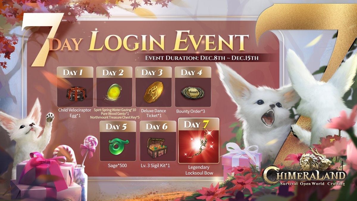Chimeraland's tweet photo. 🎁 7-Day Login Event 🎁
 
Hello Travelers! I've got another login event for you! From Dec.8 to Dec.15, log in to Chimeraland daily to receive some awesome rewards!

#Chimeraland #LoginEvent #Benefits https://t.co/stjs0FTZYj