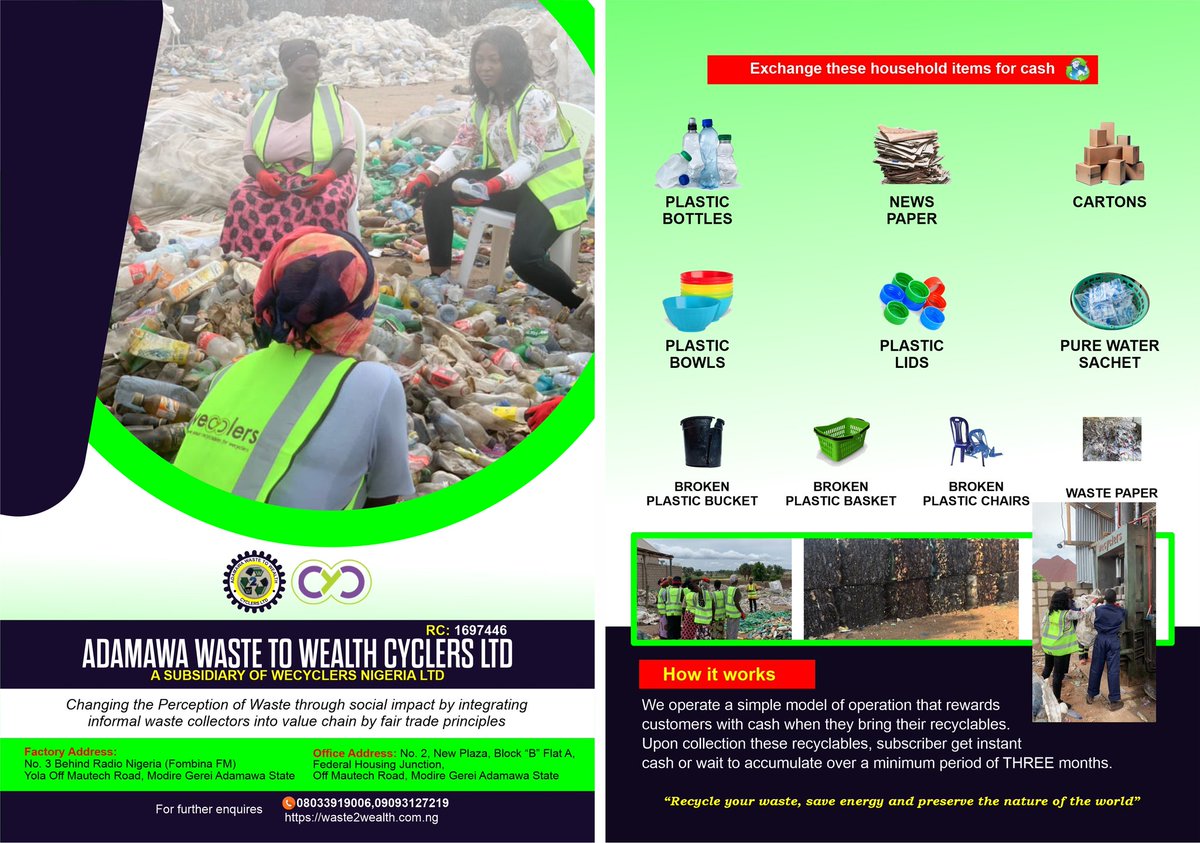 Bajoga_aleeu's tweet photo. “The circular economy represents the single greatest opportunity to supercharge green growth and job creation in Africa. That's why Adamawa Waste To Wealth Cycler Ltd.  Transforming waste to value (waste recycling) in an increasing demand to rid our environment of... https://t.co/Ae5T8HTMLi
