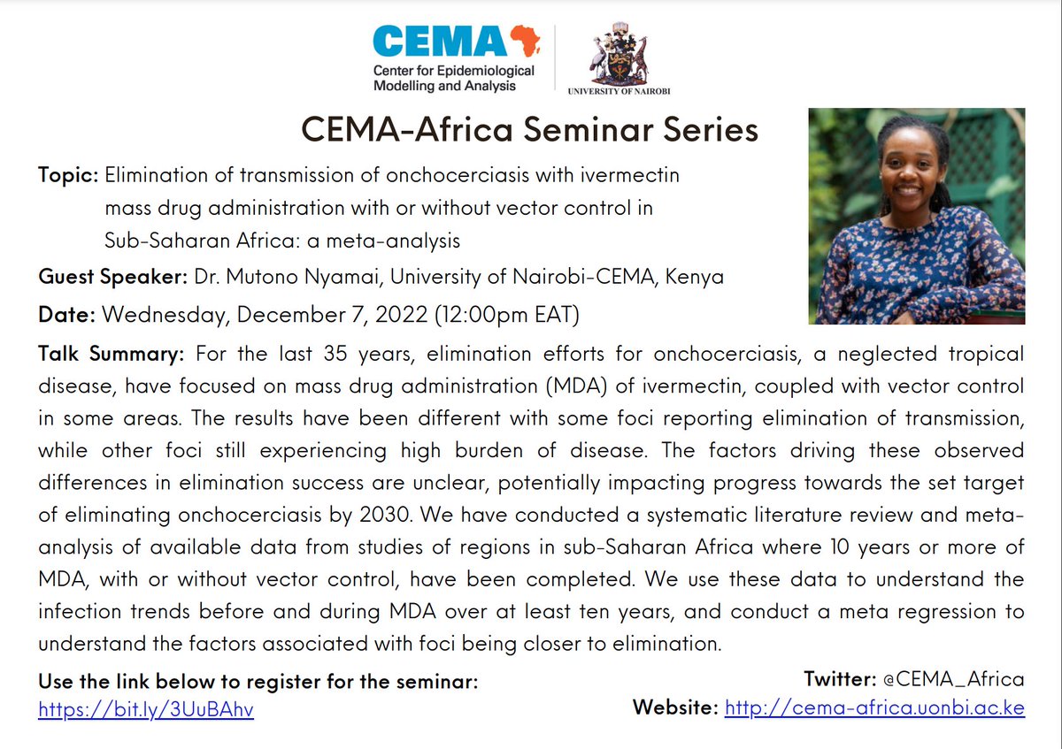 HIGHLIGHT OF THE DAY.
An informative CEMA Africa seminar series.
Guest: Dr Mutono Nyamai.
Date:Wednesday 7 Dec, 2022.
Time:12pm (EAT). Register: bit.ly/3UuBAhv