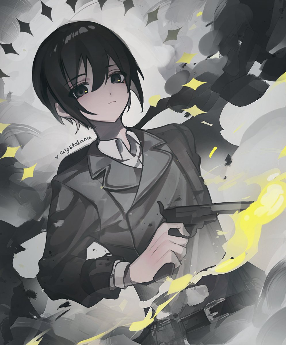 kino (kino no tabi) gun weapon solo 1girl black hair short hair handgun  illustration images