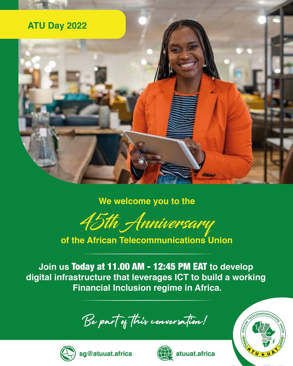 atu_uat's tweet photo. Today at 11:00AM EAT, join us for the #ATUDay celebrations. Click https://t.co/TzTXX1zlKK to register and join regional and global leaders for an exciting conversation on "Financial Inclusion through ICT".
@CA_Kenya @tz_CNA @ITUAfrica
@Artp_Senegal @GSMA @MoICT_Ug @ITU https://t.co/knECaTAV1q