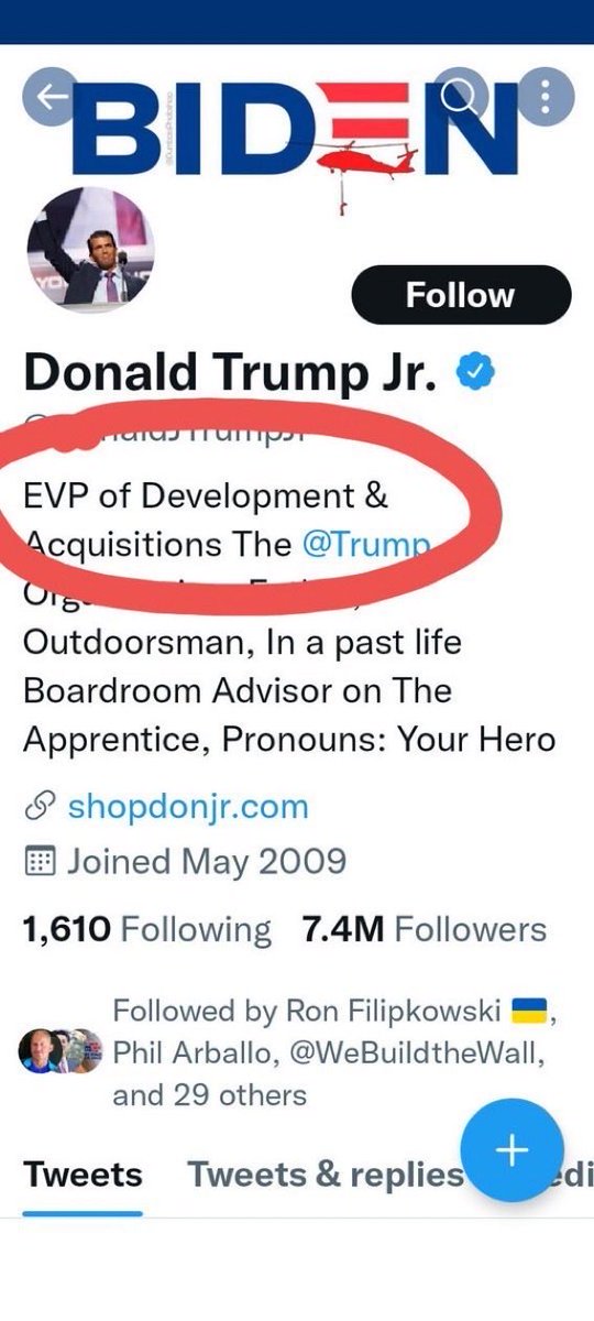CJNWrites's tweet photo. Huh. Don Jr. Recently removed Trump Org from his Twitter bio before the guilty verdict. Consciousness of guilt.
#TrumpOrg #TrumpOrgGuilty #TrumpCrimeFamily @realDonaldTrump @DonaldJTrumpJr https://t.co/VVJ5fCqdj3