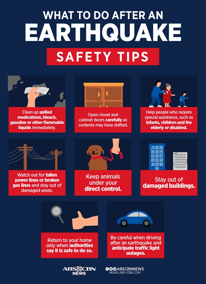 DZMMTeleRadyo's tweet photo. Ingat, Kapamilya.

Narito ang mga dapat ninyong gawin matapos ang lindol. 

Manatiling nakatutok sa https://t.co/LWubTJTsDo para sa updates. https://t.co/ot6fJpuB0W