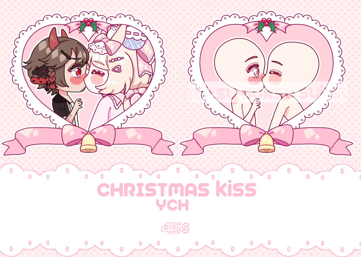 Suitsu_'s tweet photo. CHRISTMAS KISS YCH <3
45$ <3

- it can be any gender
- I can't draw Mecha
- I can make furry, but without changing the morphology of the base
 - You can change the expression of the character https://t.co/AZHDvCCb0B