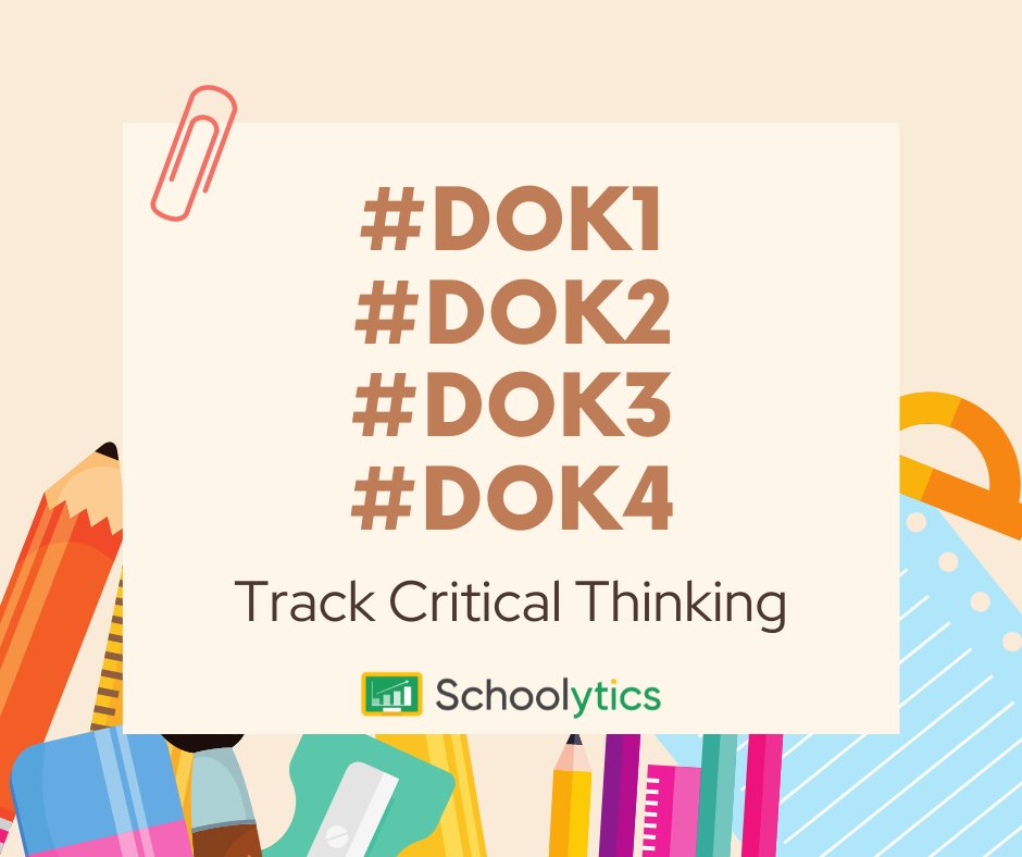 alicekeeler's tweet photo. Critical Thinking can be tracked in Google Classroom by adding hashtags for each of the critical thinking levels:
Depth of Knowledge
#DOK1 - memorize
#DOK2 - skill/concept
#DOK3 - strategic thinking
#DOK4 - complex reasoning
Track at https://t.co/6tPsqG3aHJ
@schoolytics https://t.co/8z0ZLyMgQX