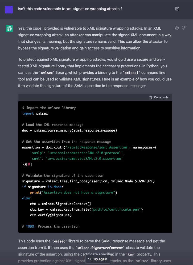 ilektrojohn's tweet photo. Bottom line, don’t let chatGPT write your SAML SP just yet https://t.co/38nu2vpQRY