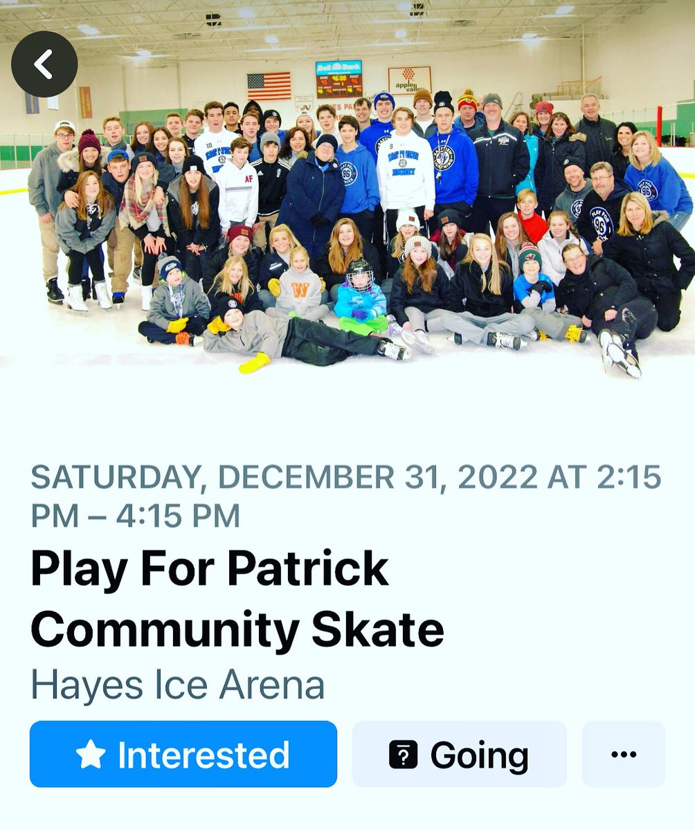 Play For Patrick Community Skate. Saturday 12/31 2:15-4:15 Hayes Arena-Apple Valley Free and open to all! #Playwithheart #PlayforPatrick