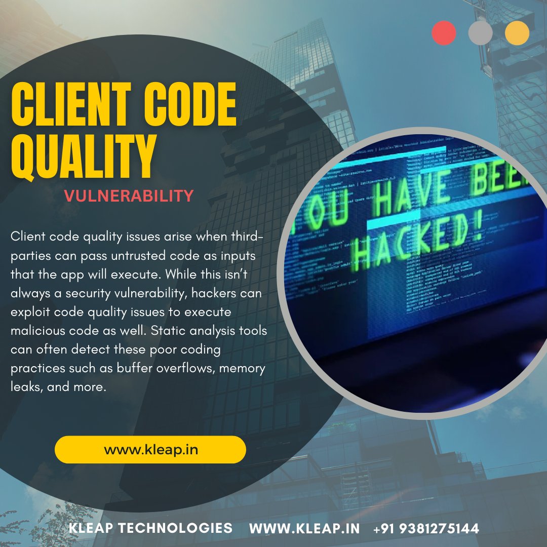KleapLtd's tweet image. Code-level issues like a buffer overflow in C, or a DOM-based XSS in a Webview mobile app. It's usually something that requires code changes to be fixed, since it is caused by an improper API or language constructs usage.
#cybersecurity #informationsecurity #codelevel