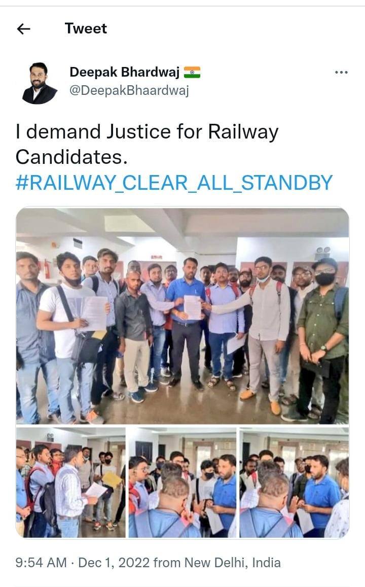 <a href="/i_am_ravish/">Ravish</a> JUSTICE_FOR_RAILWAYS_STANDBY_CANDIDATES 
<a href="/PMOIndia/">PMO India</a> 
<a href="/narendramodi/">Narendra Modi</a>   
<a href="/AshwiniVaishnaw/">Ashwini Vaishnaw</a> 
<a href="/RailMinIndia/">Ministry of Railways</a> 
<a href="/DarshanaJardosh/">Darshana Jardosh</a> 
<a href="/raosahebdanve/">Raosaheb Patil Danve</a> 
<a href="/DrSatishPoonia/">Satish Poonia</a> 
<a href="/DeepakBhaardwaj/">Deepak Bhardwaj</a> 
<a href="/JagranNews/">Dainik Jagran</a>  
<a href="/TheLallantop/">The Lallantop</a> 
<a href="/ArvindKejriwal/">Arvind Kejriwal</a> 
<a href="/RahulGandhi/">Rahul Gandhi</a>  
<a href="/RadhamohanBJP/">Radha Mohan Singh</a>  
<a href="/manojkjhadu/">Manoj Kumar Jha</a> <a href="/SanjayAzadSln/">Sanjay Singh AAP</a>