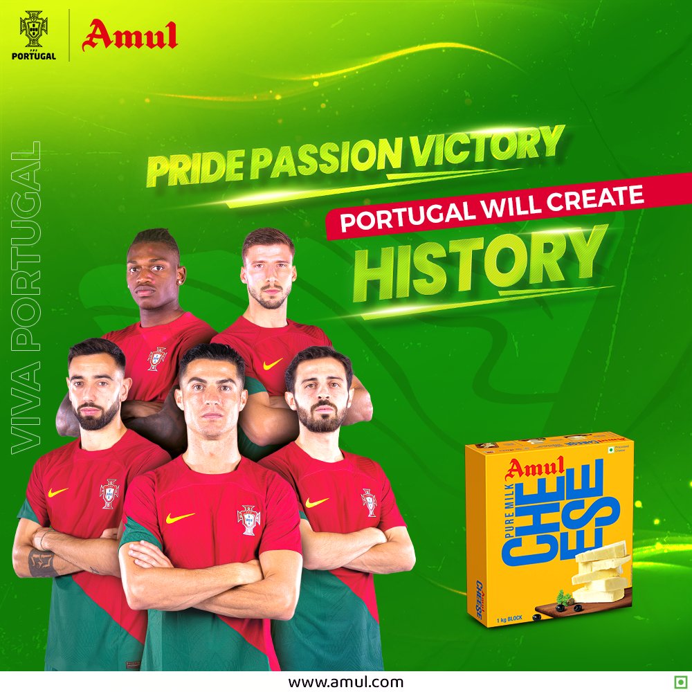 Pride, passion, and victory, Portugal will create history.
.
#VivaPortugal 
.
#amul #amulmilk #amulkool #amulcheese #football #amulbutter #Amulcream #amulicecream #portugalteam  #portugal #ronaldo #amulindia #football #amulpunjab #tasteofindia 
.
amul.com