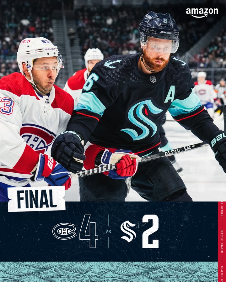 kraken final score graphic with photo of Larsson kraken - 4 canadiens - 2