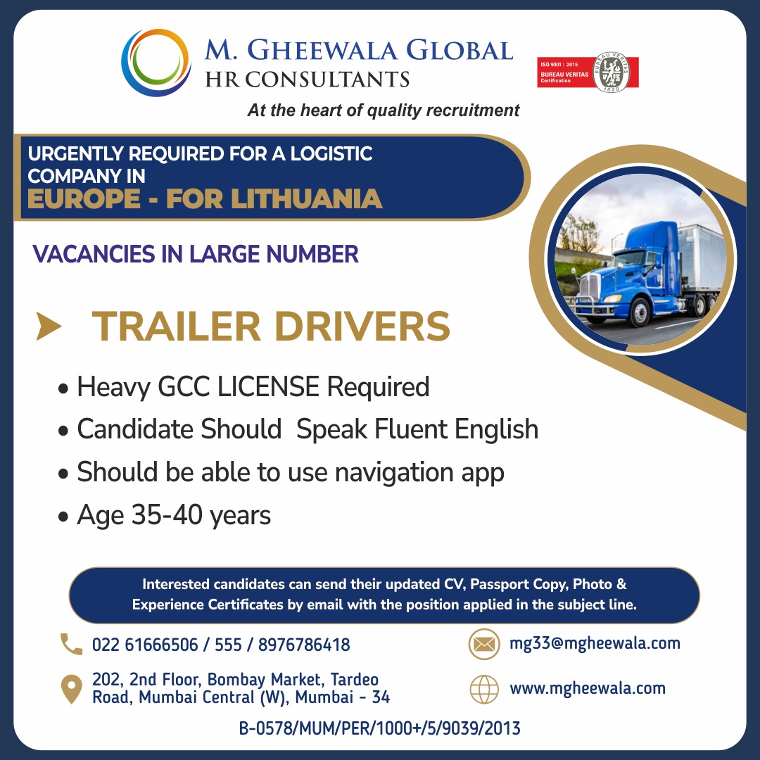 mgheewala_hrc's tweet photo. Job Vacancies for #Europe

Interested Candidates can send the updated resume to mg33@mgheewala.com

Learn More https://t.co/Ps4bxv2mB1

#driver #drivers #driverjob #drivingjob #trailerdriver #heavydriver #logistics #lithuania #europejobs #jobsineurope https://t.co/6120wCuCcs