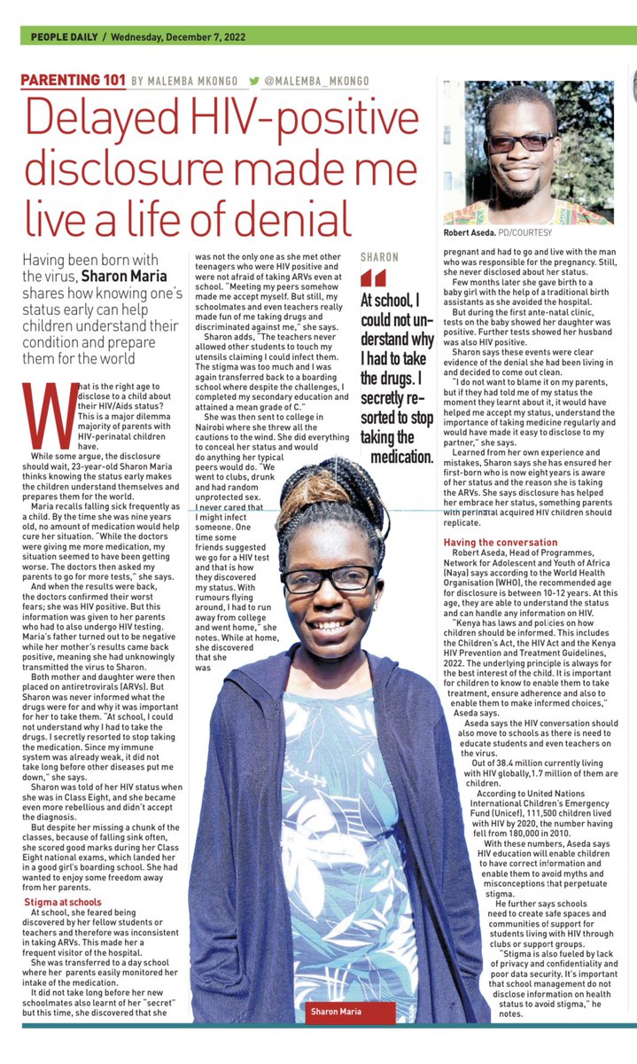 What is the right age to disclose to a child their HIV status? In this Feature Story in the <a href="/PeopleDailyKe/">PEOPLE DAILY</a> today, SHARON MARIA shares her experience and the lessons she has learnt growing up with HIV. <a href="/malemba_mkongo/">Malemba Mkongo</a> <a href="/Varaq/">Robert Aseda</a> #EqualizeHIVCare #WorldAIDSDay
