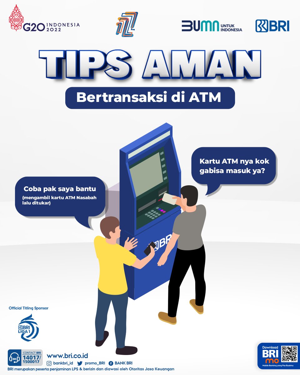 kontakBRI's tweet photo. Sobat BRI. Selalu waspada terhadap modus Card Trapping pada saat transaksi di ATM. Jika mengalami kendala saat transaksi, harap segera hubungi Contact BRI dan jangan mudah percaya pada orang asing yang menawarkan bantuan. Sehat dan sukses selalu ya.

#BRIEdukasi https://t.co/SG6HjlN5JQ