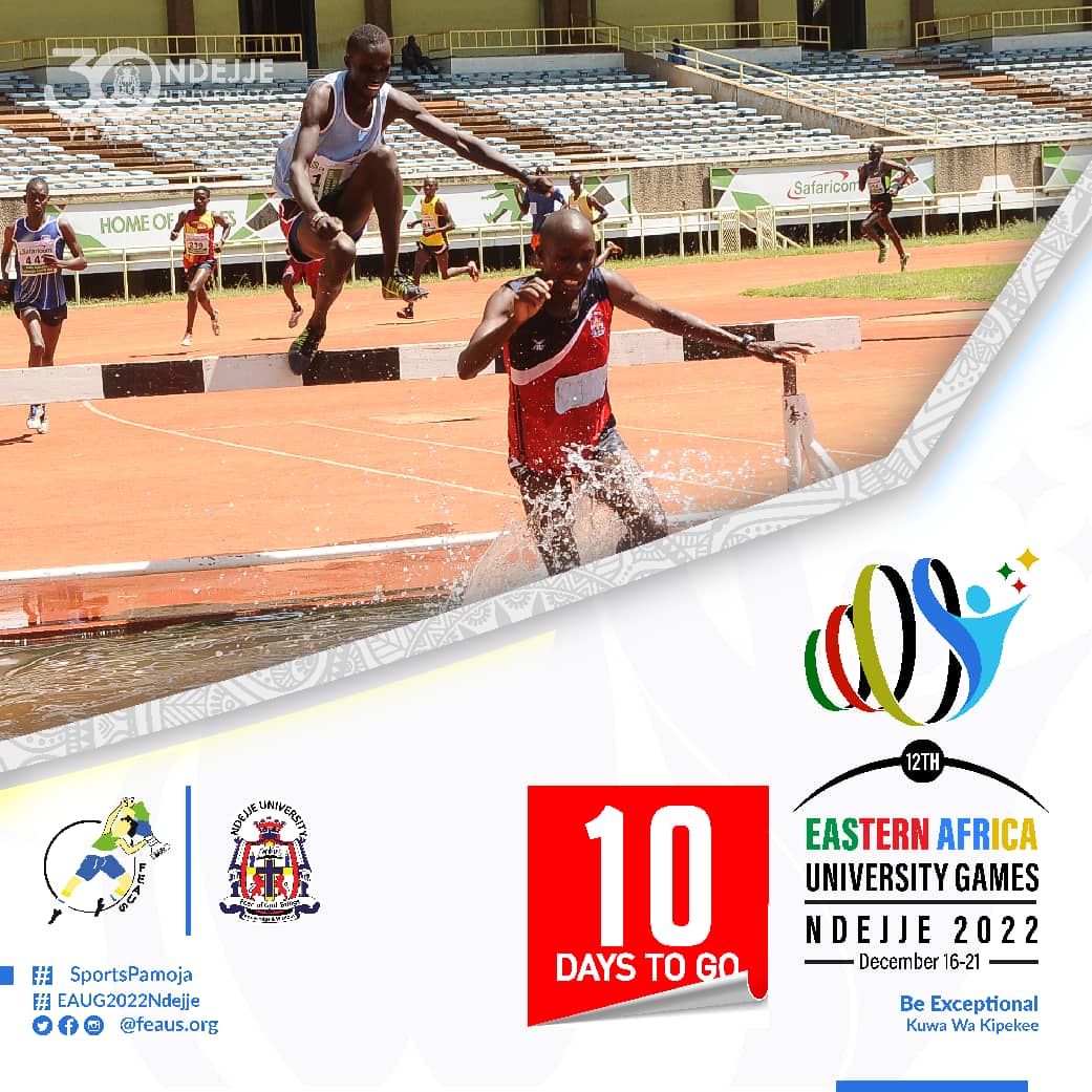 10 days to the start of the competition #EAUG2022 💪. Who will win this year's 12 Edition? <a href="/ExperienceUSIU/">USIU-Africa</a> <a href="/FISU/">FISU</a> <a href="/NdejjeUnive/">Ndejje University</a> <a href="/Makerere/">Makerere University</a> <a href="/ucu_sports/">UCU Sports</a> <a href="/VarsitysportsUG/">Association of Uganda University Sports - AUUS</a> <a href="/MasenoUniSports/">Maseno UniSports</a>