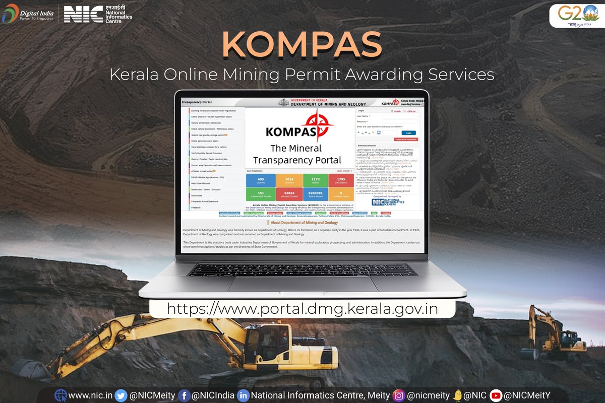 NICMeity's tweet photo. ‘KOMPAS’ initiative of the Dept of Mining &amp; Geology, Kerala has been developed &amp; implemented by NIC, to bring efficiency &amp; transparency to mineral administration in Kerala. It ensures citizen-centric, cost-effective, and quality service delivery pertaining to mines &amp; minerals. https://t.co/WrfB667ufs