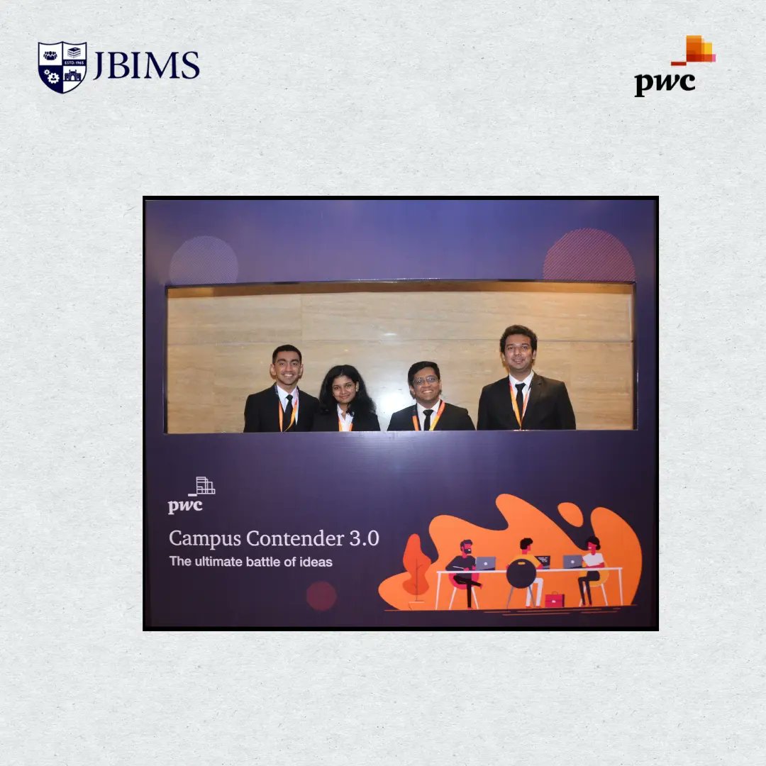 JBIMS is proud to announce that Team Cooper comprising of Amaan Panwala, Manthan Dedhia, Mithlesh Singh and Riya Michael from the 2023 Batch of JBIMS emerged as the National Winner of the Campus Contender 3.0 Competition organized by <a href="/PwC_IN/">PwC India</a>.

#Jbims #bschool #competition #pwc