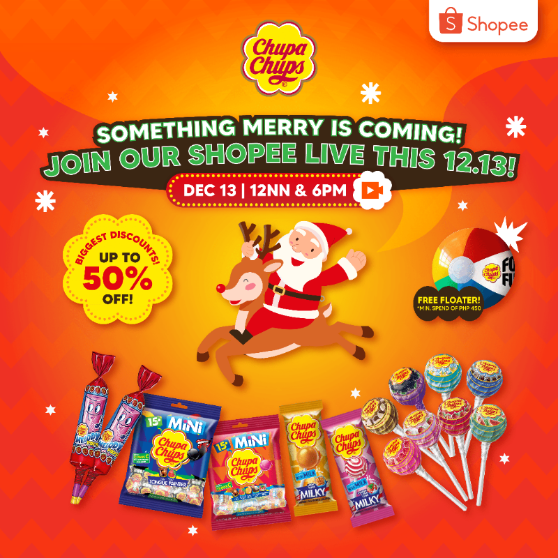 ChupaChupsPH's tweet photo. Treat yourself to a little something merry this 12.13! Join us on our Shopee Live Grand Launch this 12.13 at 6:00 PM with discounts up to 50%! 🎅🏻

Get a FREE Chupa Chups Floater for a minimum spend of Php 450 on any Chupa Chups Products!