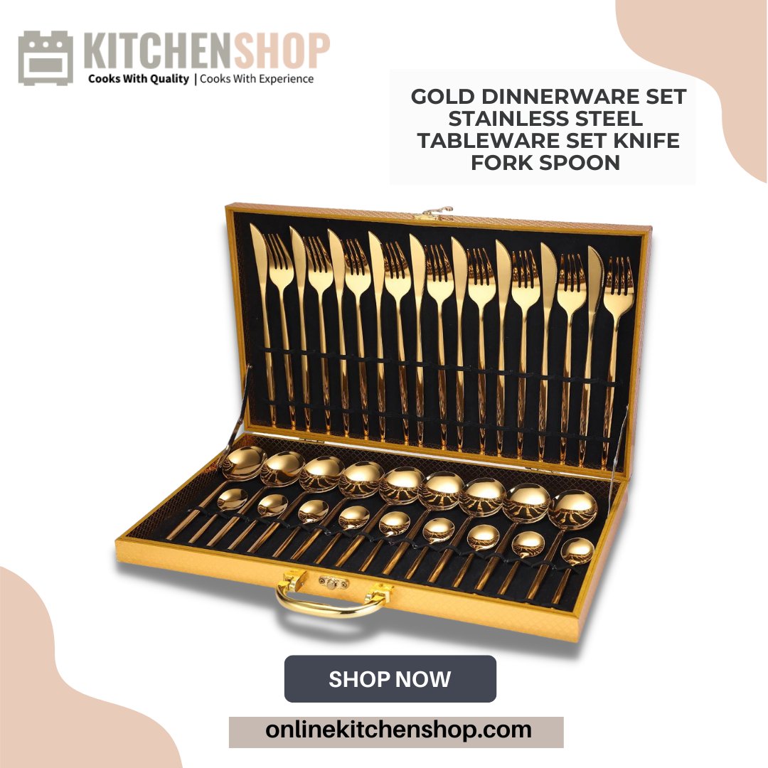 OnlineKitchenS3's tweet photo. This Gold #Dinnerware Set Stainless Steel #tableware  Set Knife Fork Spoon Luxury #CutlerySet Gift Box Flatware #Dishwasher Safe is a great addition to your #kitchen. It will also look great on dinner tables with your family and friends! Order Now https://t.co/nuVvRKJGJS https://t.co/v2uNFSvXn3