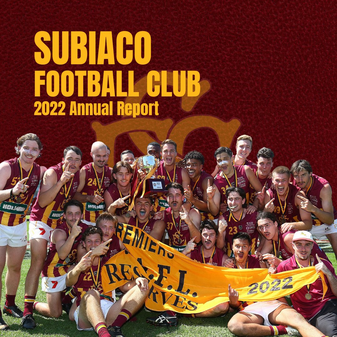The Subiaco Football Club is proud to publish the 2022 Annual Report encapsulating the Club's 126th year.

The report will be presented at the 126th Annual General Meeting set for Thursday, December 8th at 6pm.

To read the full report, click here issuu.com/subiacofc/docs…