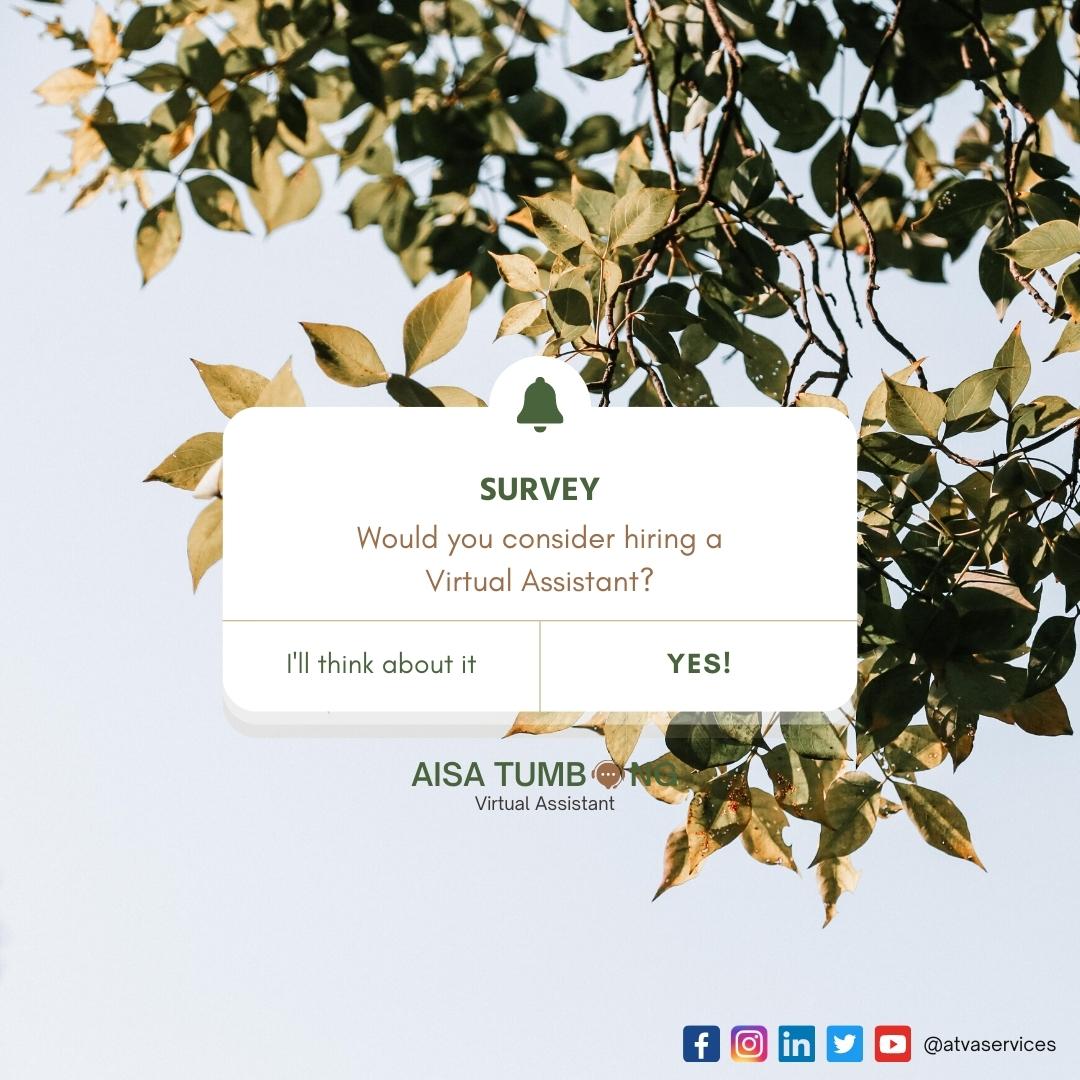 atvaservices's tweet image. After knowing the tasks and importance of a Virtual Assistant to your business, would you consider hiring one? 🤔👩🏻💻
Is it a YES or I'll think about it? ✨💰
Let me know in the Comment Section!
Message me here👇🏻
💻 FB | TWITTER | IG: @atvaservices
#VAAisa #WFH #admintasks