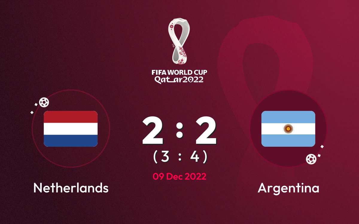 Match predictions for #FIFAWorldCup

🇳🇱 Netherlands vs. Argentina 🇦🇷
Score : 2 - 2 (3 - 4) 

Prediction made by an AI. This is not betting advice.
