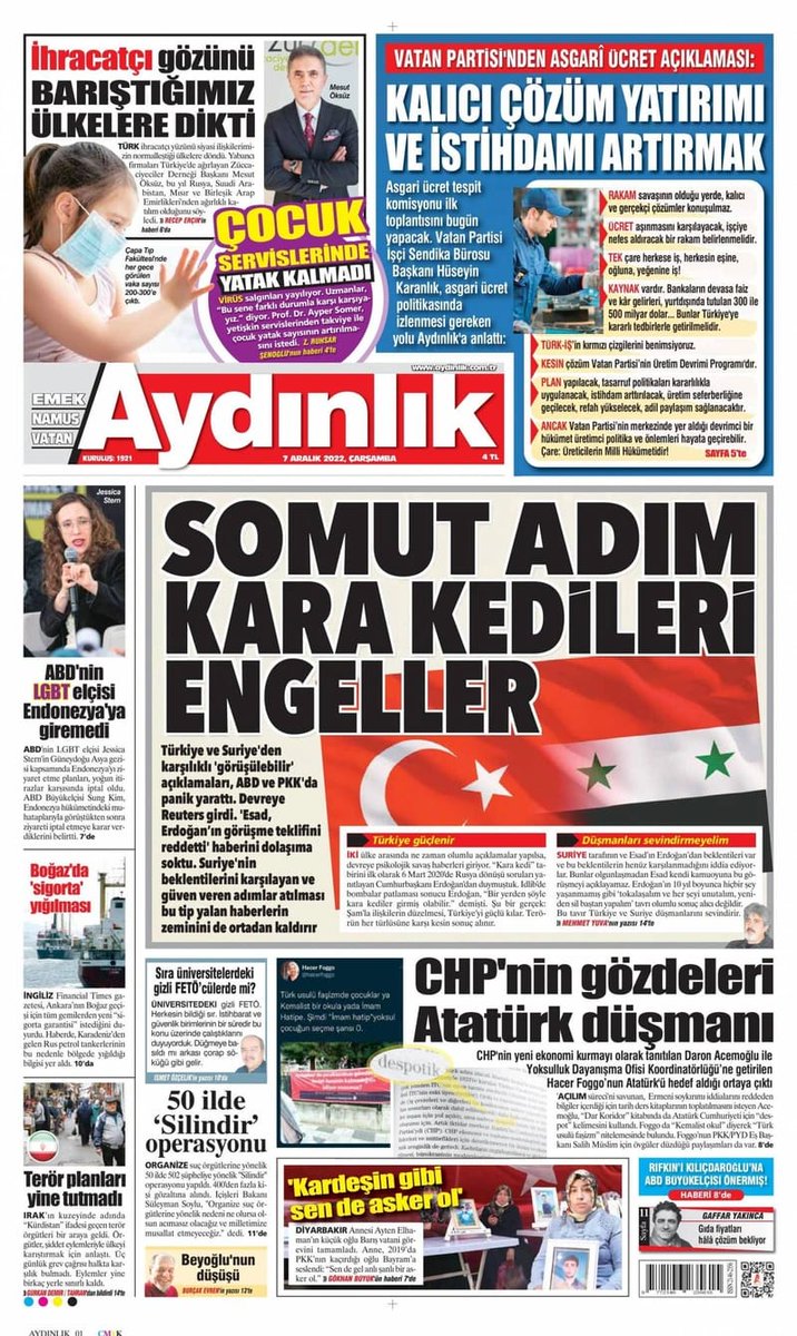 📌 SOMUT ADIM KARA KEDİLERİ ENGELLER

➡️ Vatan Partisi'nin asgâri ücret açıklaması: Kalıcı çözüm yatırımı ve istihdamı artırmak

<a href="/AydinlikGazete/">Aydınlık</a> | 7 Aralık | #çarşamba