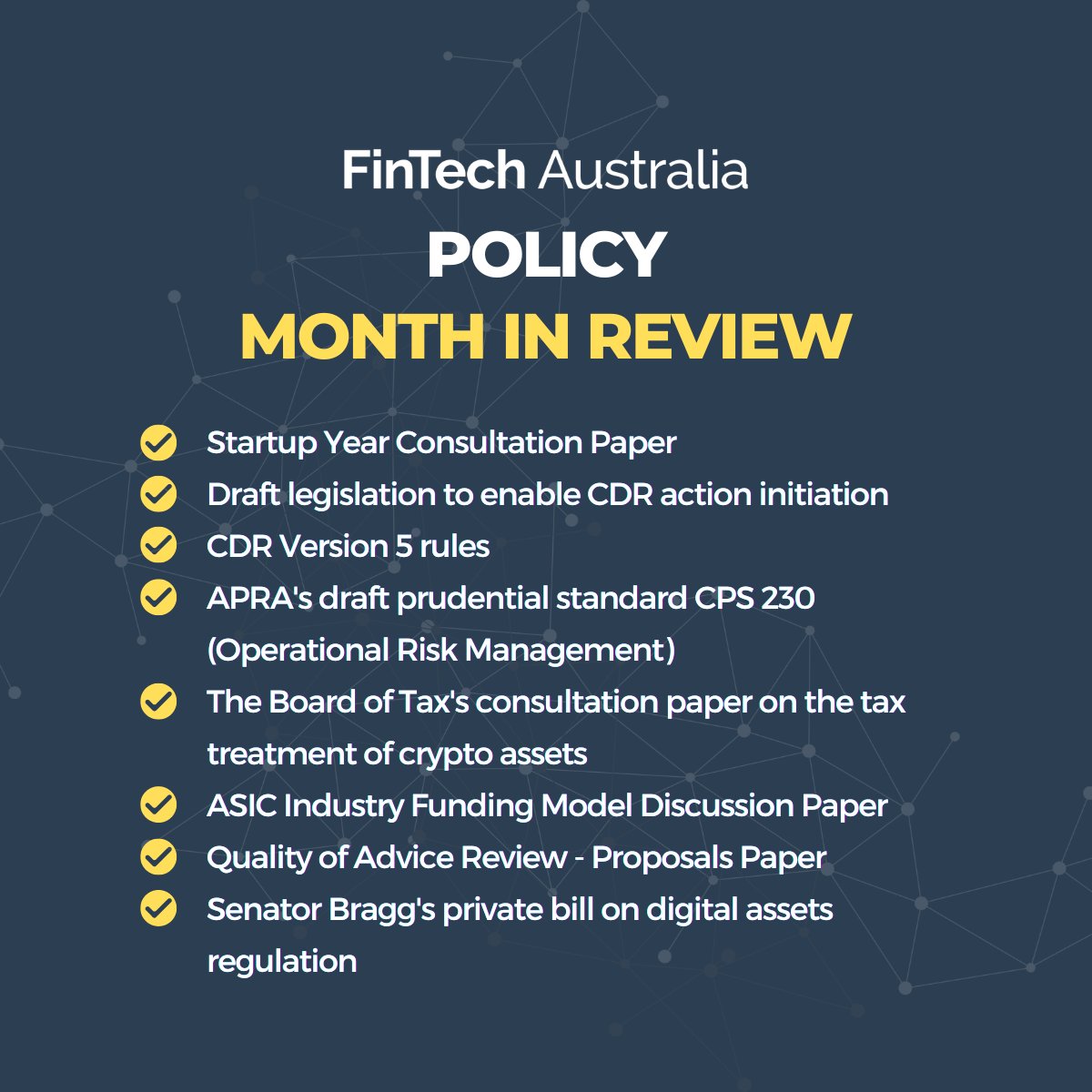 FinTech Australia regularly makes submissions to consultations across a wide range of policy and regulatory issues.

Check out our website to see our recent submissions: fintechaustralia.org.au/policy