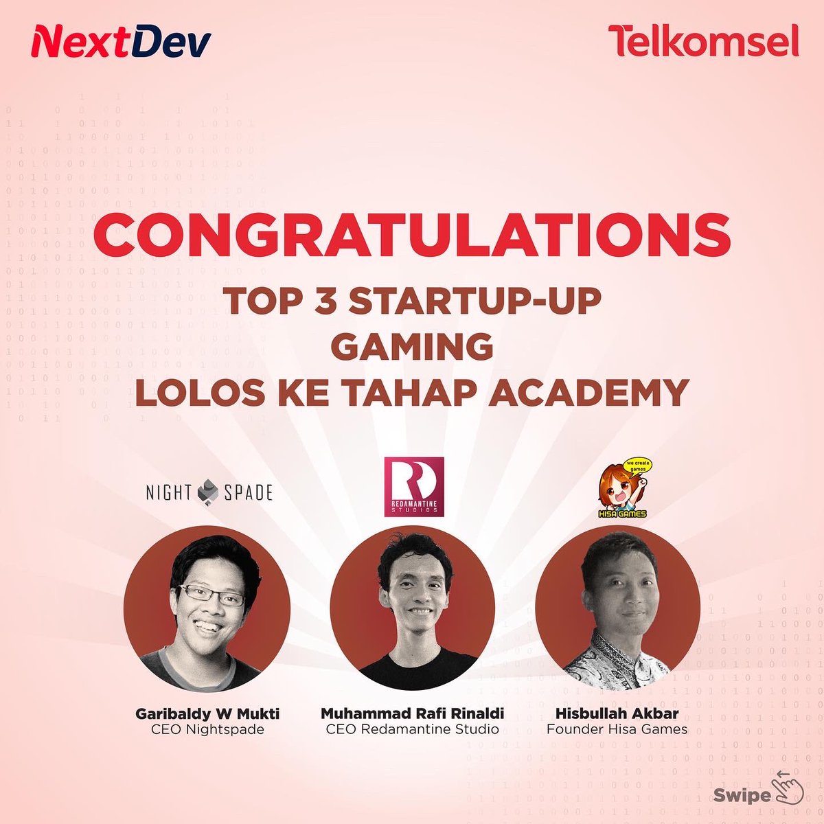 NextDev_id's tweet image. Selamat untuk Nightspade, Redamantine Studio, dan Hisa Games yang berhasil terpilih menjadi top 3 NextDev Talent Scouting Track Gaming, dan tentunya selamat juga untuk startup lain yang sudah ikut berpartisipasi.

#NextDev #SustainBeyondExpectation #PitchingStartup