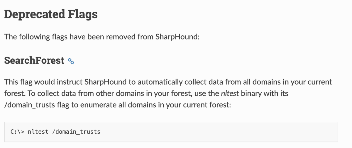 yyzinfosec's tweet image. Today I found out SharpHound has a function to enumerate all domains in a given forest (-s), despite the documentation on ReadTheDocs saying it doesn&apos;t. Saved me a little bit of time today :) #bloodhound #sharphound #redteamtips
