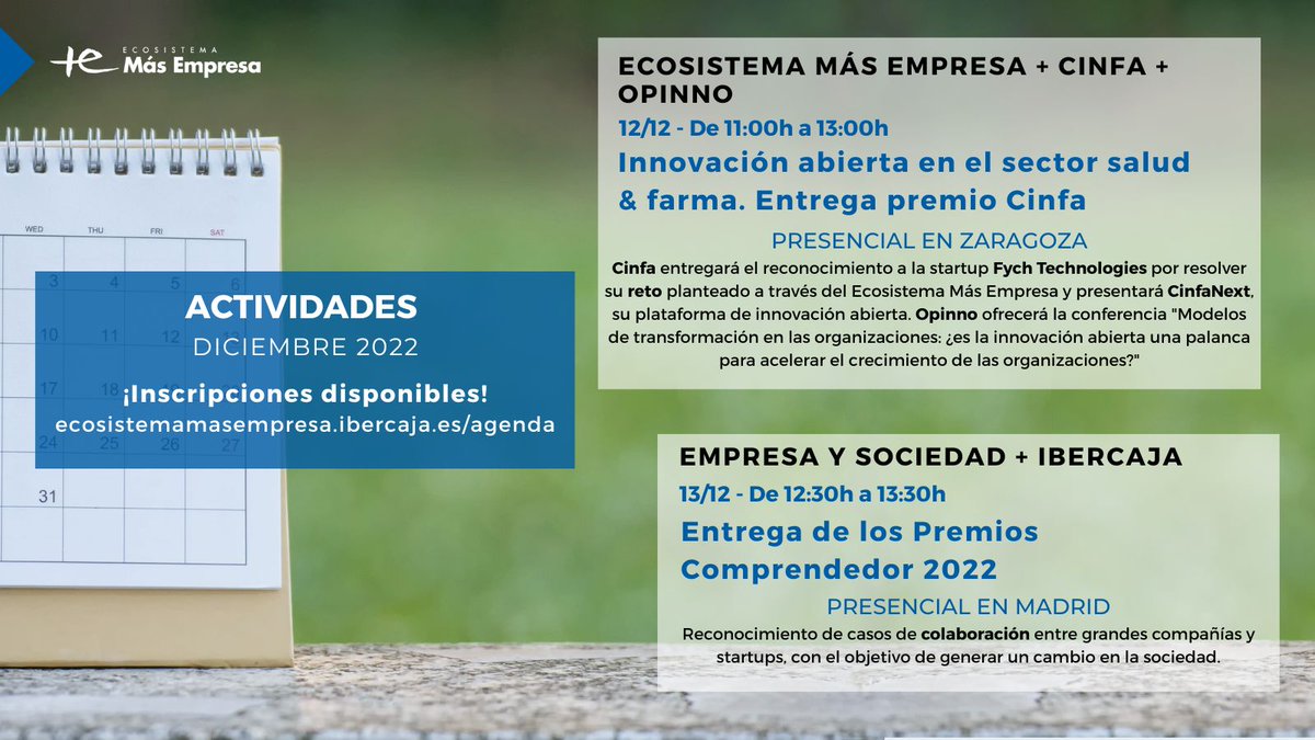EcosistemaMAS's tweet photo. 📆Agenda:
◾️ 12/12 | #Zaragoza | Transformación organizacional e #innovaciónabierta en sector #health & #pharma. Con @CinfaSalud @opinno @EcosistemaMAS ➡️https://t.co/djHVCV3nnJ
◾️ 13/12 | #Madrid | Premios #Comprendedor2022. Con @amigosEyS @ibercaja ➡️https://t.co/nJvWh7w1So https://t.co/X9brC0XNTK
